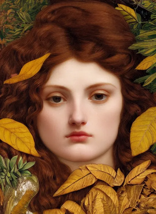 Prompt: masterpiece beautiful seductive flowing curves preraphaelite face portrait amongst leaves, extreme close up shot, straight bangs, thick set features, yellow ochre ornate medieval dress, laying amongst foliage mushroom forest circle arch, frederic leighton and kilian eng and rosetti, 4 k