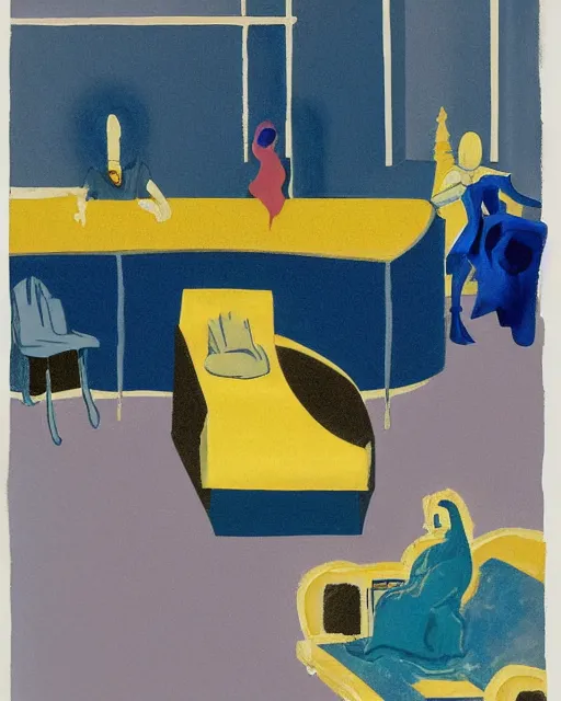 Image similar to blue people talking and a lonely dark figure seated on a throne with clouds at dark and yellow art deco interior room in the style of Francis Bacon, open ceiling, highly detailed, painted by Francis Bacon and Edward Hopper, painted by James Gilleard, surrealism, airbrush, art by James Jean