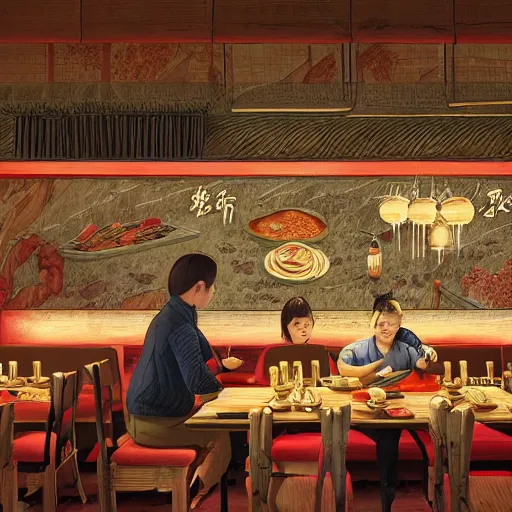 Image similar to a beautiful hyperdetailed interior 4 k hd wallpaper illustration of roasted string hotpot restaurant restaurant yan'an, corner, simple style, wall painting, from china, with merchant logo, people are eating kebabs, fine delicate structure, surrealistic, chinese style, victo ngai