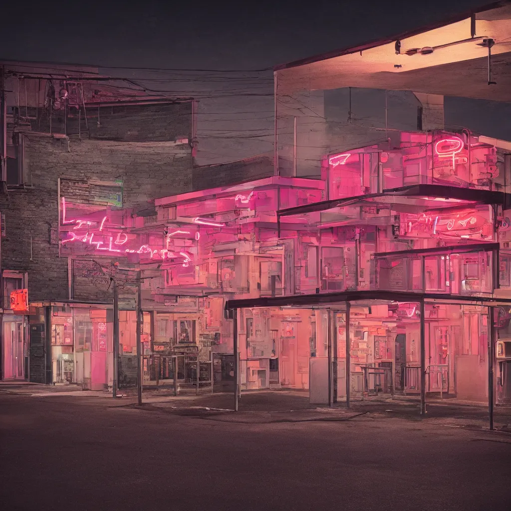 Image similar to an empty parking lout outside an abandoned retro diner at night, by lee madgwick, pink and orange neon lights, highly detailed, photorealistic, artstation trending, cryengine 8 k uhd