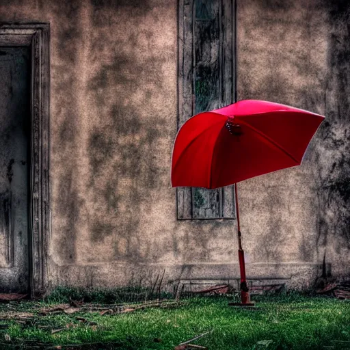 Image similar to abandoned places with a red umbrella, cinematic light,