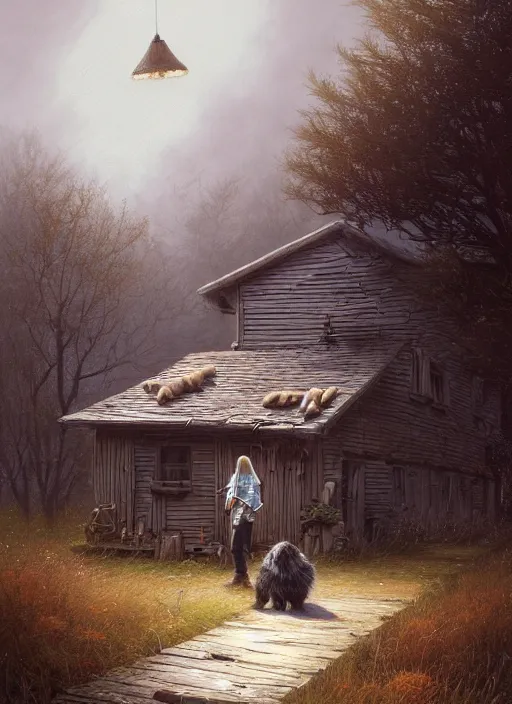 Image similar to highly detailed hyperrealistic painting of a blonde long - haired hillbilly in front of old rough house, with his fluffy black and gray australian shepherd, bonfire, stephen bliss, art by greg rutkowski, loish, rhads, ferdinand knab, makoto shinkai and lois van baarle, tom bagshaw, global illumination, artstation