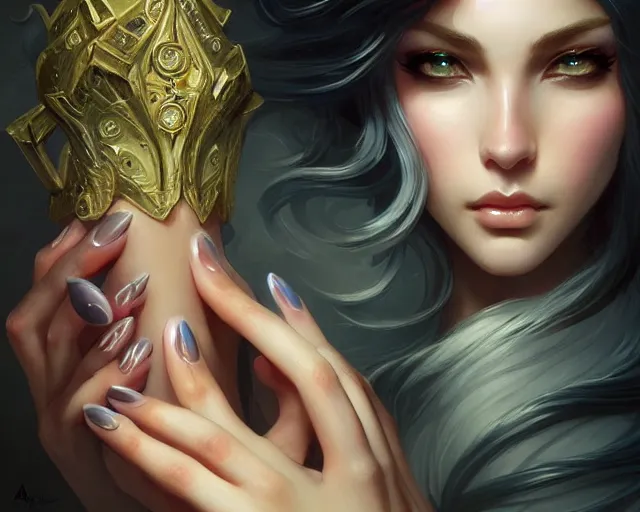 Image similar to nail manicure beautiful design, deep focus, d & d, fantasy, intricate, elegant, highly detailed, digital painting, artstation, concept art, matte, sharp focus, illustration, hearthstone, art by artgerm and greg rutkowski and alphonse mucha