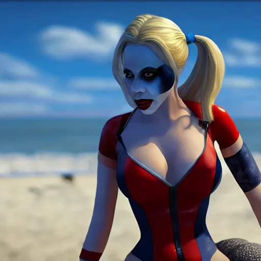 Image similar to harley quinn at the beach 4 k detailed super realistic