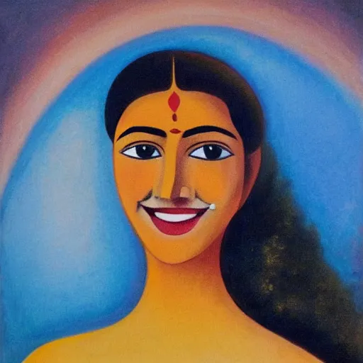 Prompt: representation of a young woman with a happy face in the year 1946 by the Indian painter Sawlaram Haldankar