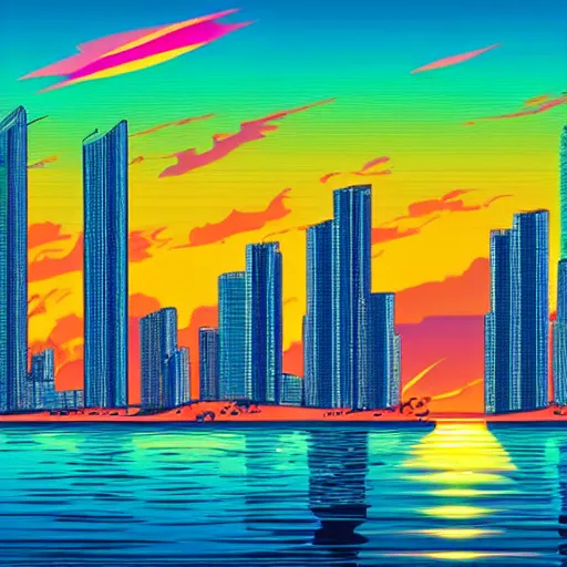 Prompt: gorgeous romantic sunset, cliffside onlooking the beautiful city of miami, warm colors, tropical, in the style of hiroshi nagai, very detailed, tropical, 8 0 s