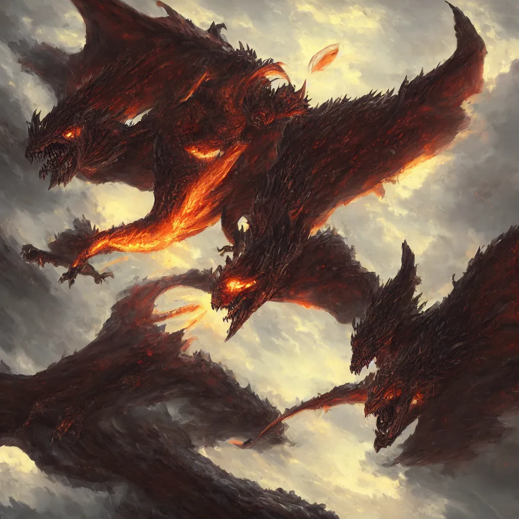 Image similar to oil painting of deathwing dragon flying down on earth by greg rutkowski