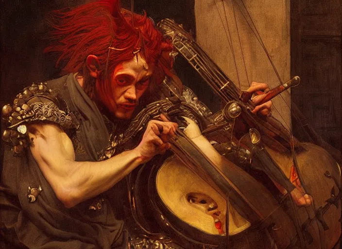 Image similar to bard - a devil with red skin and horns playing lute. edgar maxence and caravaggio and michael whelan and delacroix style, artistic, intricate painting, cinematic lighting, hyper realistic, extremely detailed, vivid colors, establishing shot, dramatic lighting