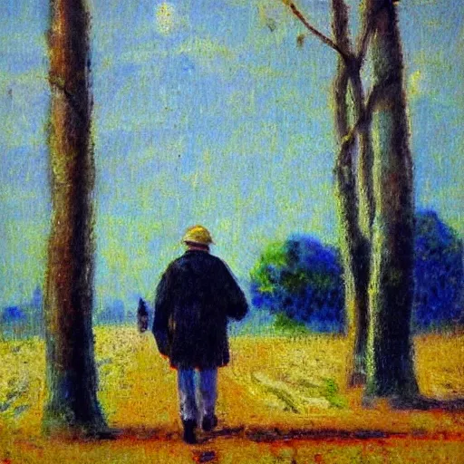 Prompt: of a man walking in solitude in a blue sad atmosphere, realist, impressionist style