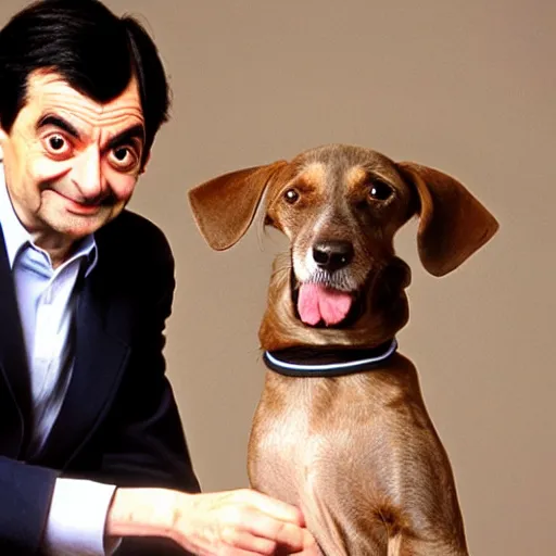 Prompt: mr bean poking a dog