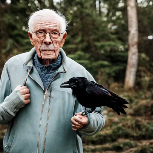 Image similar to an elderly man holding a raven, canon eos r 3, f / 1. 4, iso 2 0 0, 1 / 1 6 0 s, 8 k, raw, unedited, symmetrical balance, in - frame