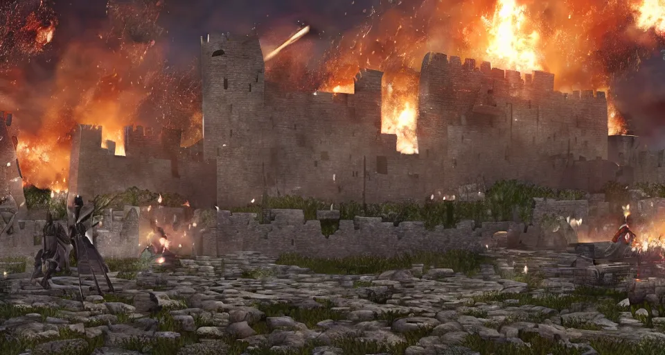 Prompt: five giant and powerful medieval trebuchets in the front, fireing on a medieval fortress far away, destroying the walls, fire and explosion, debris flying around, octane render, unreal engine