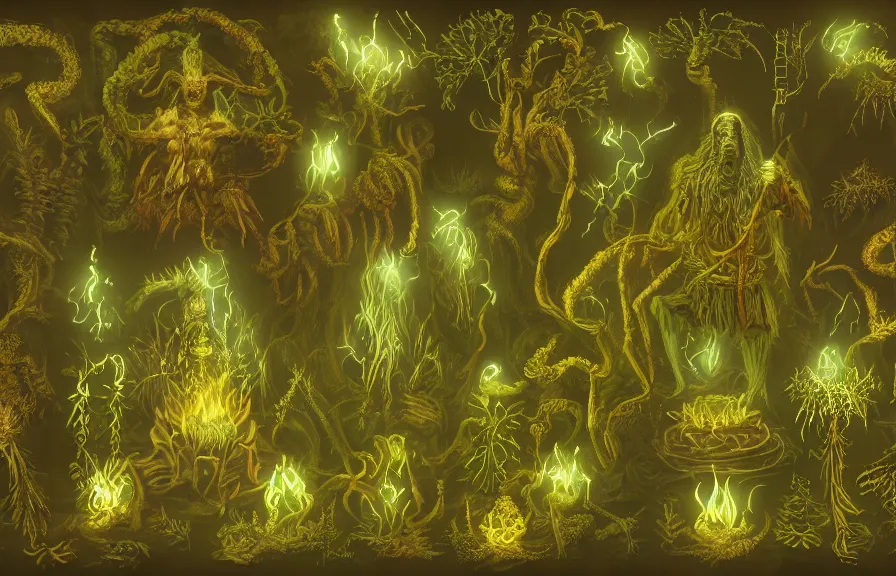 Image similar to shaman, summoning fire / water / light, out of bones / fern / light, green man, misty forest, glowing fungus, cinematic, golden ratio, wavy are the most prompts i used + plenty of variations for building up the details