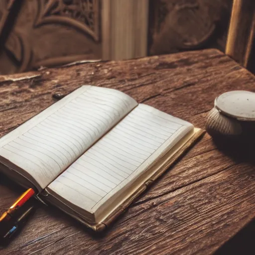 Image similar to highly detailed close up photo of an old worn notebook on wooden table, old table, feather pen, light coming out of near window, moody lighting, dim atmosphere, dust in air