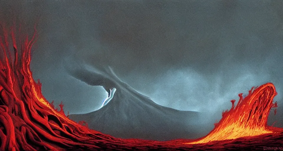 Image similar to a volcano made of ivory vines and crimson rocks enters in eruption, it spits a smoke in the shape of demonic eye, by David A. Hardy