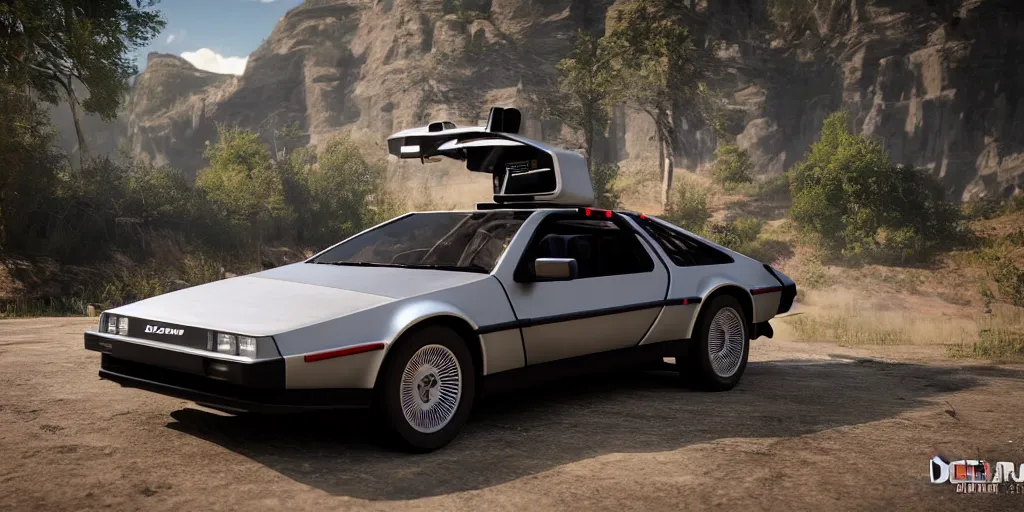 Image similar to updated sleek concept for a delorean, cinematic, photoreal, by red dead redemption 2