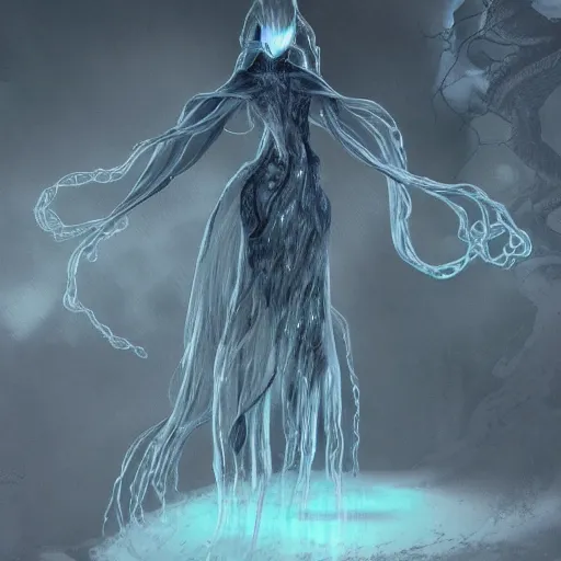 Image similar to concept designs of an ethereal ghostly wraith like figure with a squid like parasite latched onto its transparent skull and long tentacle arms that flow lazily but gracefully at its sides like a cloak while it floats around a frozen rocky tundra in the snow searching for lost souls and that hides amongst the frosted trees, this character has hydrokinesis and electrokinesis for the franchise Bloodborne in the style of arcane the series on netflix