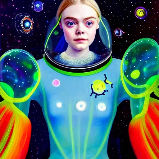 Prompt: portrait of a elle fanning wearing a spacesuit made of bioluminescent jellyfish in outer space, detailed realism face in painting, detailed beautiful portrait, oil painting masterpiece, 8 k resolution, smooth, sharp focus, trending on artstation, by rembrandt