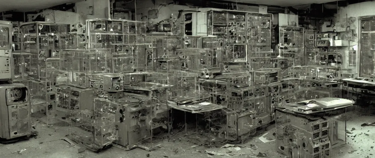 Image similar to movie still 4 k uhd 3 5 mm film color photograph of an abandoned computer laboratory full of 4 0 s decade of xx century vacuumtube computers