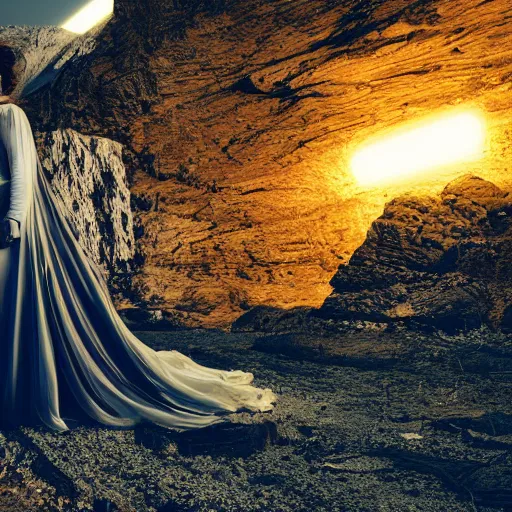 Image similar to photo, a woman in a giant flowing glowing illuminated white dress with an incredibly long train, standing inside a dark western rocky scenic landscape, volumetric lighting