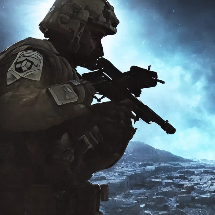 Image similar to cinematic, beautiful lighting, call of duty ghost soldier looking out into the vastness of space, digital art