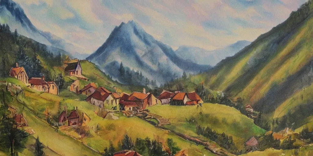 Image similar to very very very beautiful painting of a village between mountains