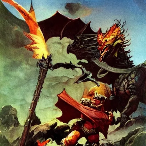 Image similar to baby knight shielding himself from a dragon breathing fire by Frazetta