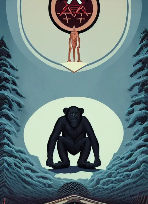 Prompt: Twin Peaks movie poster artwork by Michael Whelan and Tomer Hanuka, Rendering of a chimpanzee being hypnotized by looking at masonic and kabbalistic symbols, from a scene from Twin Peaks, clean, full of detail, Matte painting, trending on artstation and unreal engine