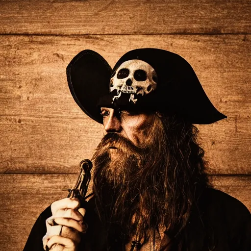 Image similar to masterpiece portrait photo a dirty skull masked hunched old slim pirate lord with a black hat, long beard, long hair, black coat, ragged and torn, wooden inn by torchlight, dslr, cinematic, photography, sigma lens 7 0 mm