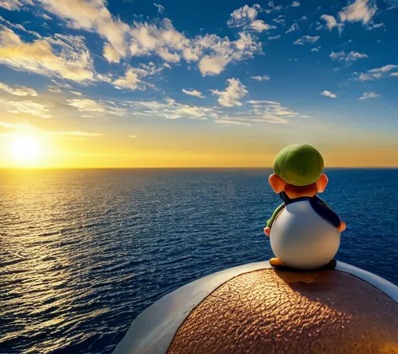 Image similar to luigi sitting on an egg flying over the sea, wide shot, dramatic, golden hour