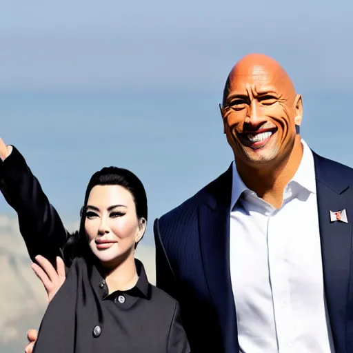 Prompt: dwayne the rock johnson and kim jong - un, selfie, phone photo,