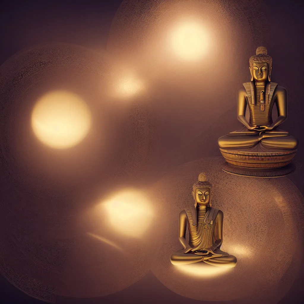 Prompt: meditating buddha sitting inside intricate sacred egyptian orb, floating in a void surrounded by a parhelion sundog in volumetric lighting., ornate, photorealistic, ultra detailed, octane render, high definition, depth of field, bokeh, 8 k, artstation, cgsociety