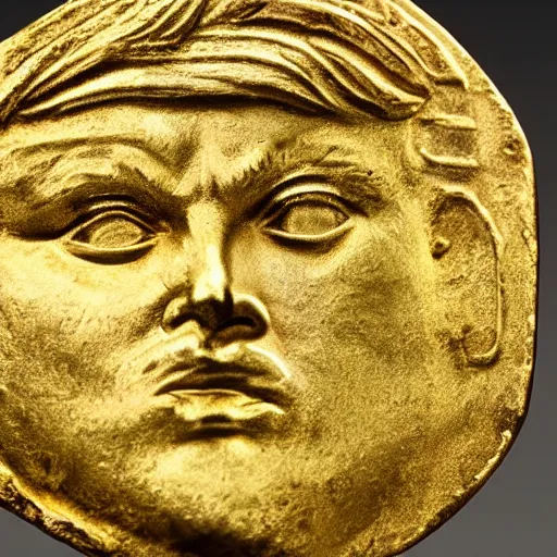 Image similar to an ancient roman gold coin with the face of donald trump, close up photo, ultra realistic, studio photo, bokeh.