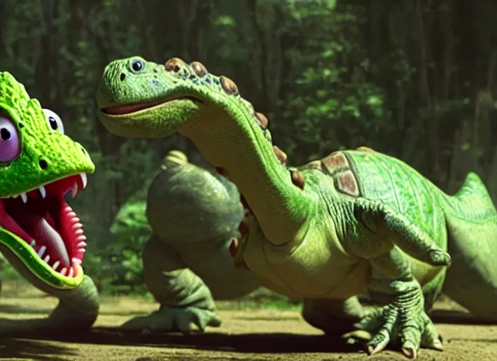 Image similar to film still of yoshi in the new sci - fi movie, upright dinosaur with a small turtle shell and long tongue, 8 k