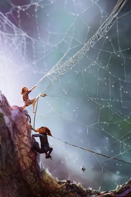 Image similar to Shrunk down human adventurers climbing on a spiders web, dewdrops, macro, dramatic lighting, cinematic, establishing shot, extremely high detail, foto realistic, cinematic lighting, post processed, concept art, high details, cinematic, 8k resolution, beautiful detailed, photorealistic, digital painting, artstation, concept art, smooth, sharp focus, artstation trending, octane render, unreal engine