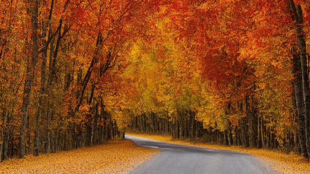 Prompt: a photograph of a country road lined on both sides by maple and poplar trees, in the autumn, red orange and yellow leaves, some leaves have fallen and are under the trees and on the!!!! road