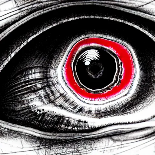 Image similar to a detailed extremely close up of inside the iris, cornea, red image, microscopic, extremely close up drawing by junji ito, cgsociety, generative art, lovecraftian, parallax, cosmic horror, extremely detailed, hyperrealism, unreal engine, octane render, award winning, masterpiece, highly detailed, realistic, 4 k, digital