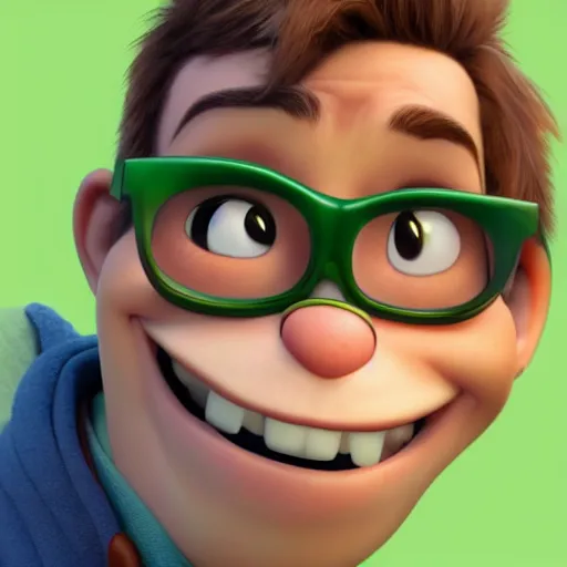 Prompt: close up portrait of a nerd guy happily announce new video, Pixar's Up character, 3D render,youtube thumbnail,flat green screen background,high resolution, high quality, detailed, zootopia, cgsociety,artstation, deviantart