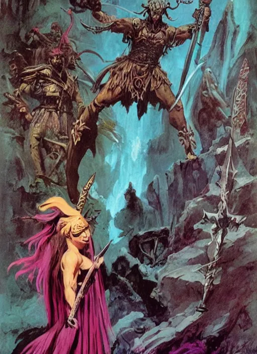 Prompt: elvenking, sword and sorcery, by frank frazetta, candlelit catacombs, vibrant colors, teal and magenta