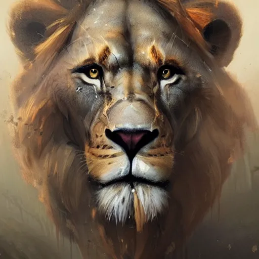 Image similar to A portrait of Lion, in a suit, fantasy art, art by greg rutkowski, matte painting, trending on artstation