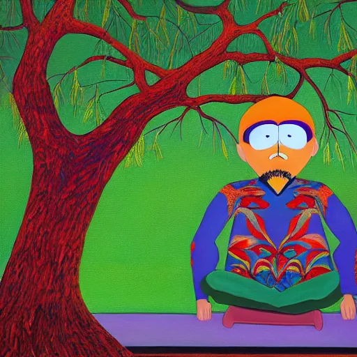 Image similar to A painting of mr mackey from south park meditating under a tree designed by flooko, alex grey,