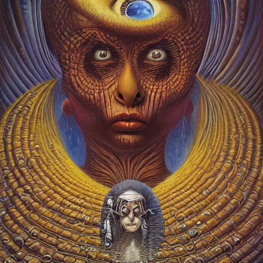 Image similar to THE QUEEN OF THE MOON by jacek yerka, alex gray, zdzisław beksiński, dariusz zawadzki, jeffrey smith and h.r. giger, oil on canvas, 8k highly professionally detailed, trending on artstation