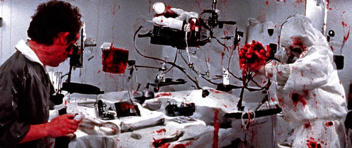 Prompt: filmic extreme wide shot dutch angle movie still 35mm film color photograph of a doctor operating on a soccer ball, blood splattering, in the style of The Thing 1982 horror film