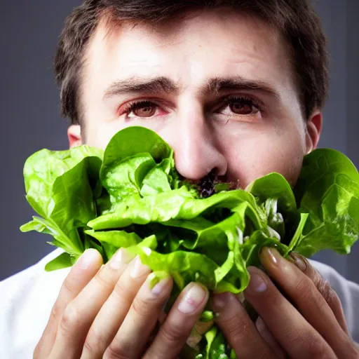 Image similar to a sad man eating salad, stock photograph, studio lighting, 4k, beautiful symmetric face, beautiful gazing eyes