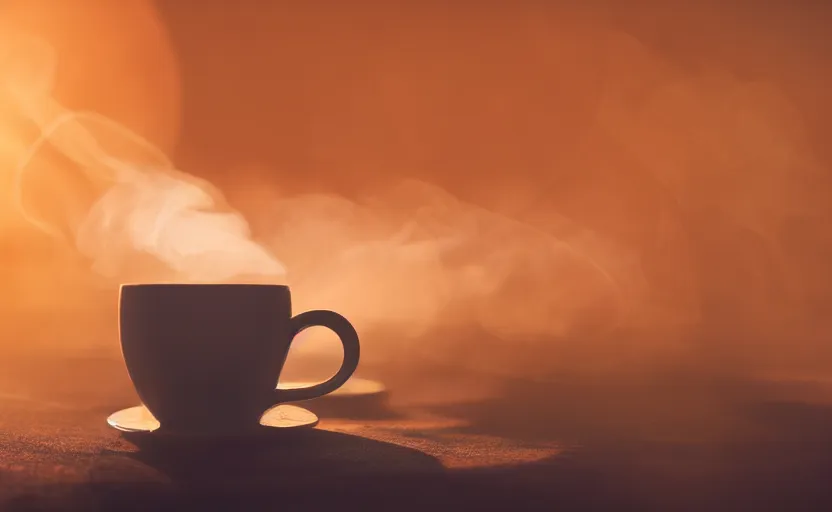 Image similar to a beautiful render of a hot cup of coffee, the steam is forming the three borromean rings, sunset lighting, intricate detail, hazy, humid, volumetric lighting, god rays, 8 k, photorealistic, raytracing effects, unreal engine 5