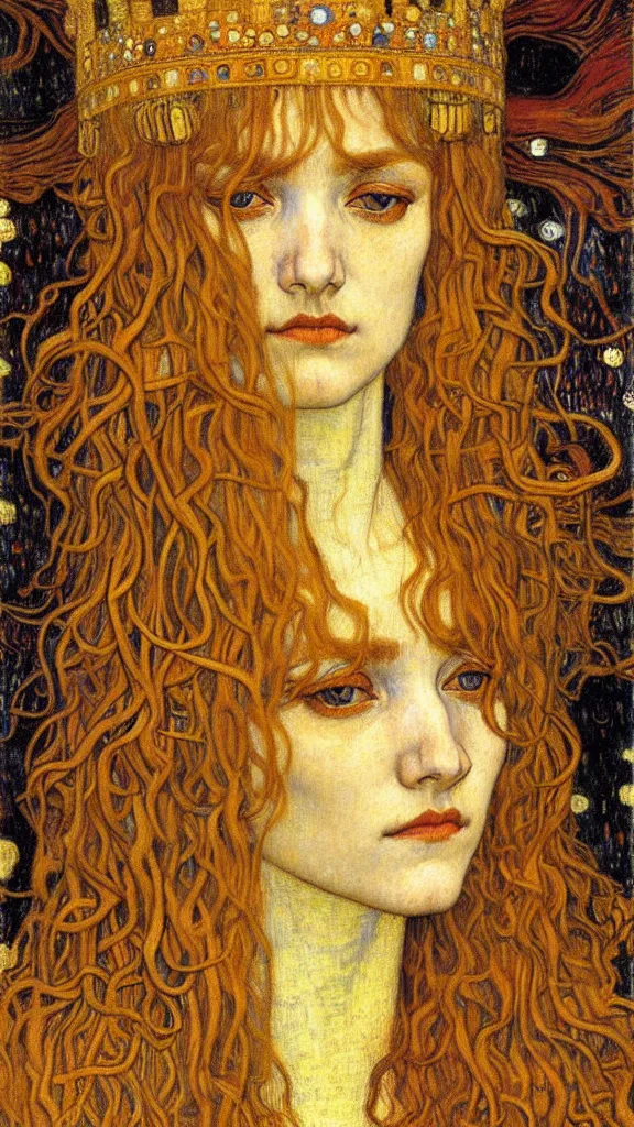 Image similar to detailed realistic beautiful young medieval queen face portrait by jean delville, gustav klimt and vincent van gogh, art nouveau, symbolist, visionary, gothic, pre - raphaelite, muted earthy colors, desaturated