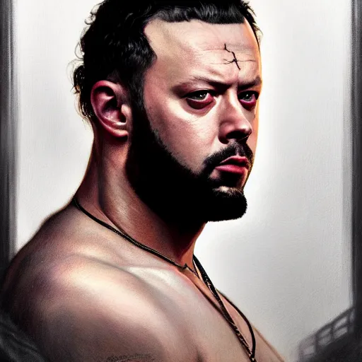 Image similar to portrait painting of a kollegah the rapper michael sheen, ultra realistic, concept art, intricate details, eerie, highly detailed, photorealistic, octane render, 8 k, unreal engine. art by artgerm and greg rutkowski and charlie bowater and magali villeneuve and alphonse mucha