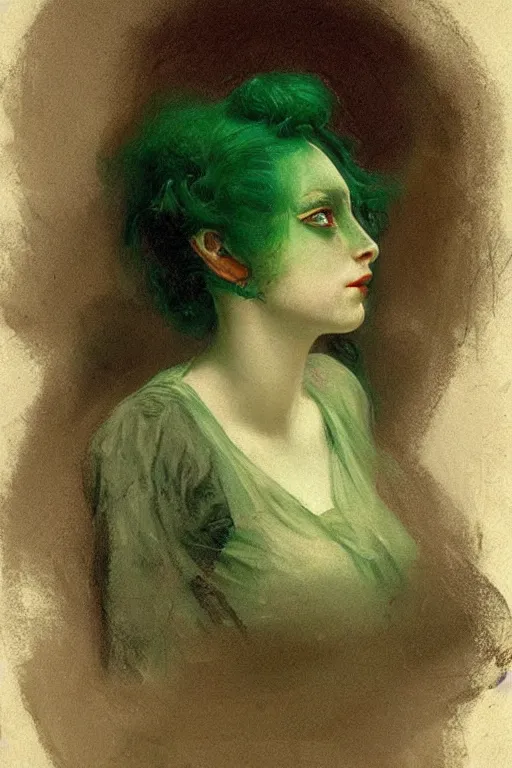 Image similar to creepy portrait of a beautiful sad victorian woman with green hair by denis forkas kostromitin