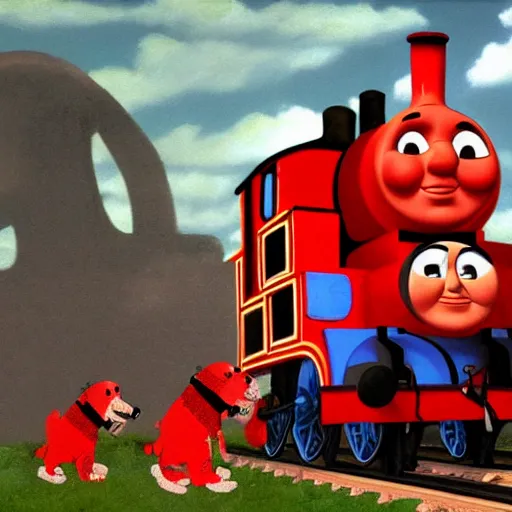 Image similar to thomas the tank engine, melee combat, fighting, clifford the big red dog, in the style of mythical paintings