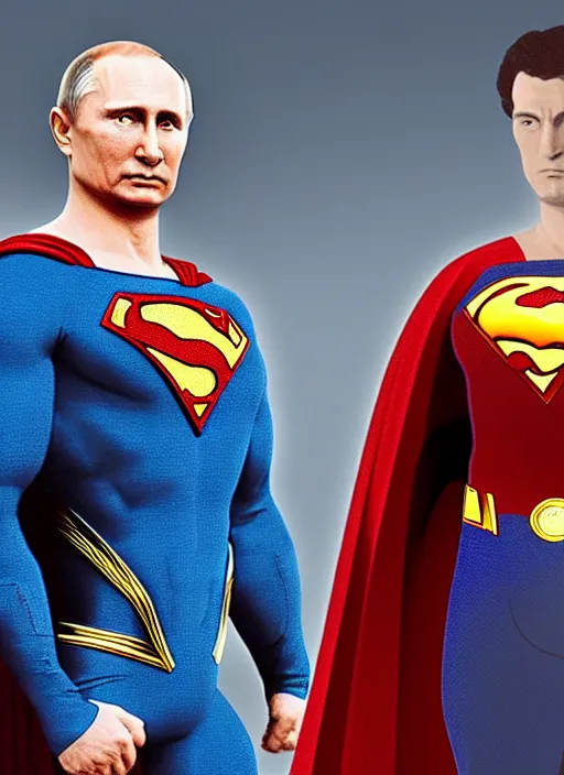 Prompt: vladimir putin as superman, soviet son, realistic, cinematic, action pose, centre shot,